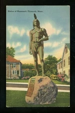 Massachusetts MA postcard Plymouth, Statue of Massasoit Indian linen Tichnor 