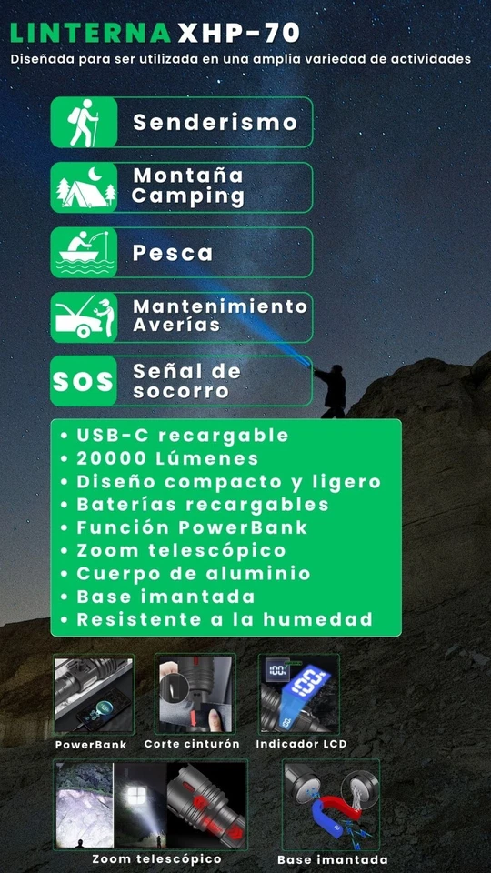 Linterna LED Alta Potencia, Recargable USBC, Pilas incluidas, Imantada,PowerBank - Imagen 2 de 4