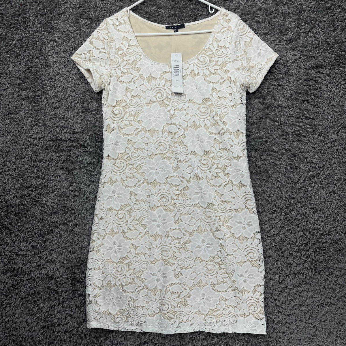 Tiana B. Lace Sheath Dress Womens Medium White Floral Lined Knee Length Y2K Tiana B. Lace Sheath Dress Womens Medium White Floral Lined Knee Length Y2K