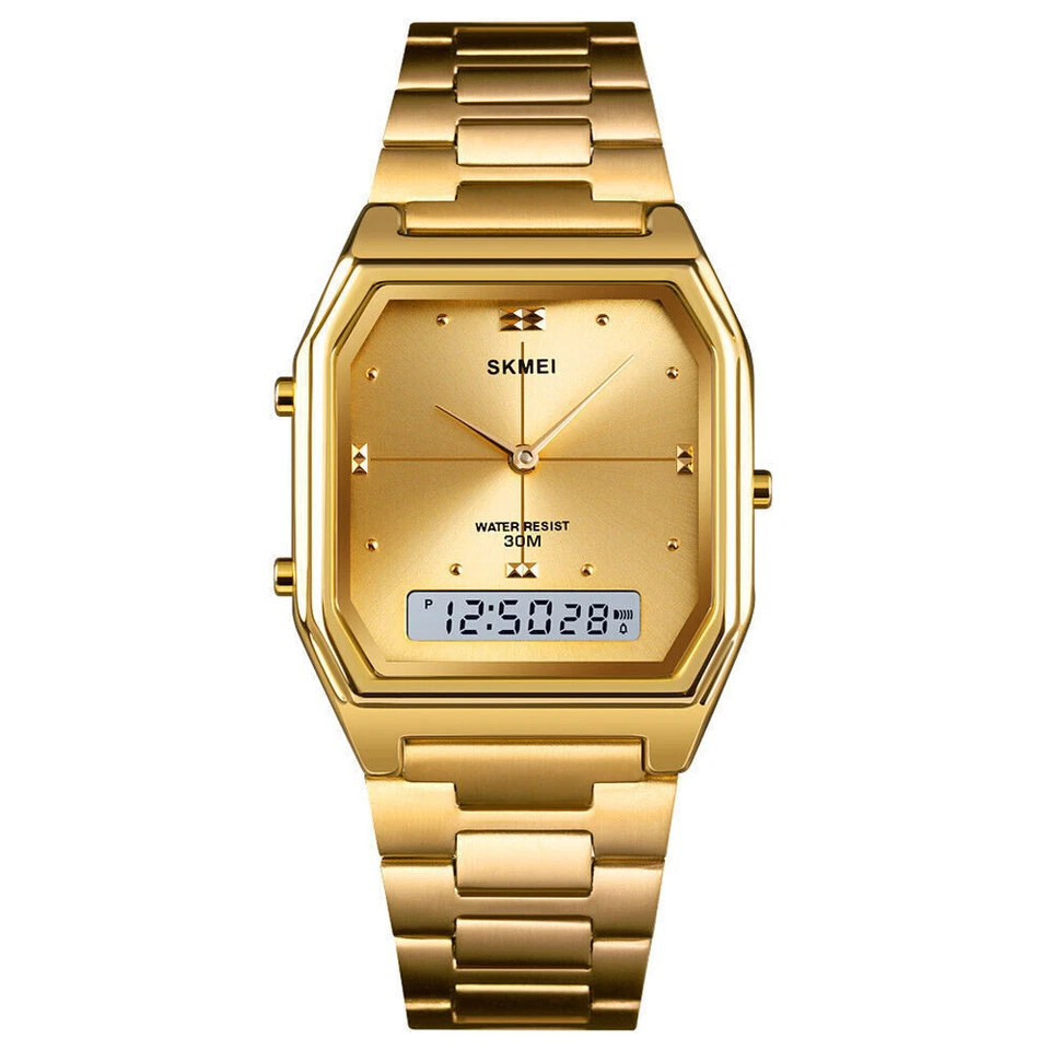 Relógio de pulso masculino SKMEI luxo aço dourado mostrador quadrado relógio de pulso digital masculino - Imagem 2 de 4