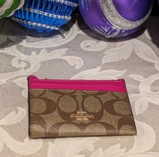 NWT Coach Mini Skinny Id Case Keychain In Signature Canvas Pink / Khaki