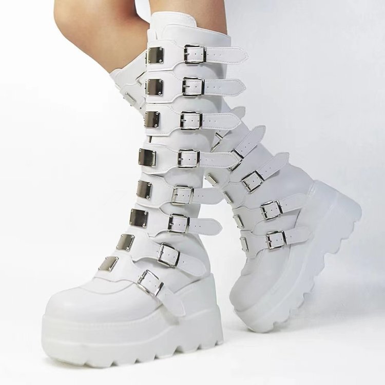 ぬ　multi-buckle stitched boots punk Women's Punk Multi Buckles Platform Boots Zip Chunky Heel Gothic