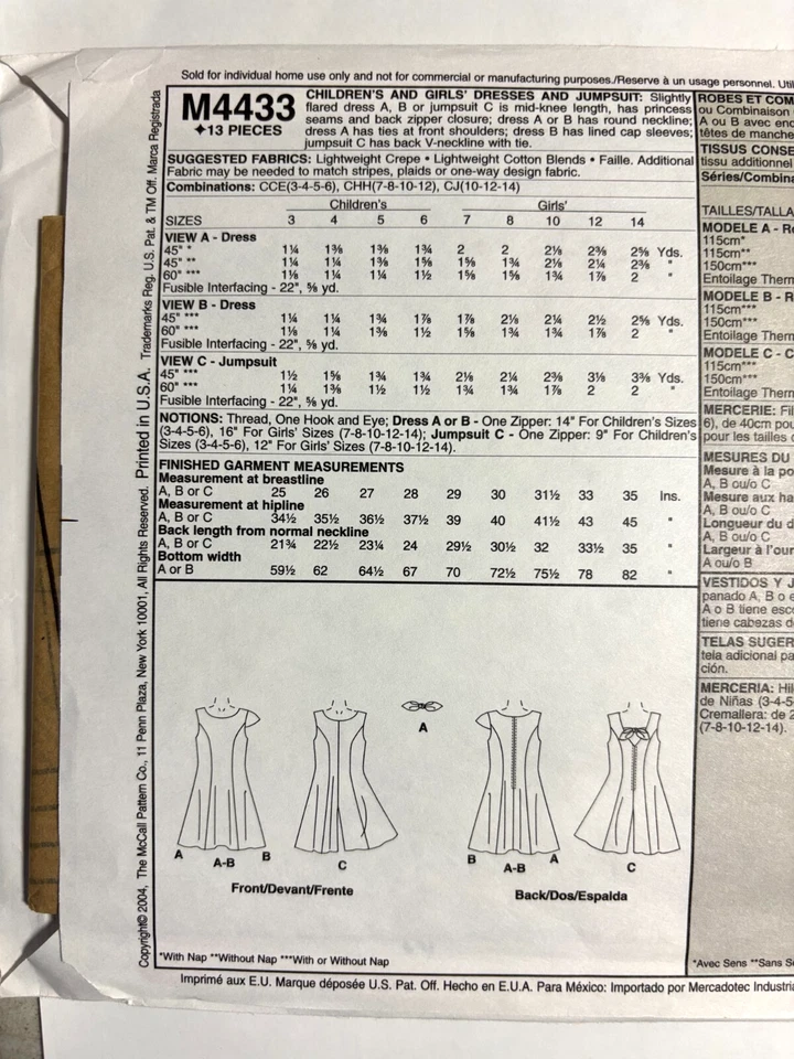 Girl's Dress Sewing Pattern  Size  3 4 5 6   McCall's 4433 Uncut NEW - Image 2 of 2