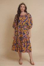Moodie Vibrant Floral Print Boho Peasant Puff Sleeve Midi Myah Dress Size Small