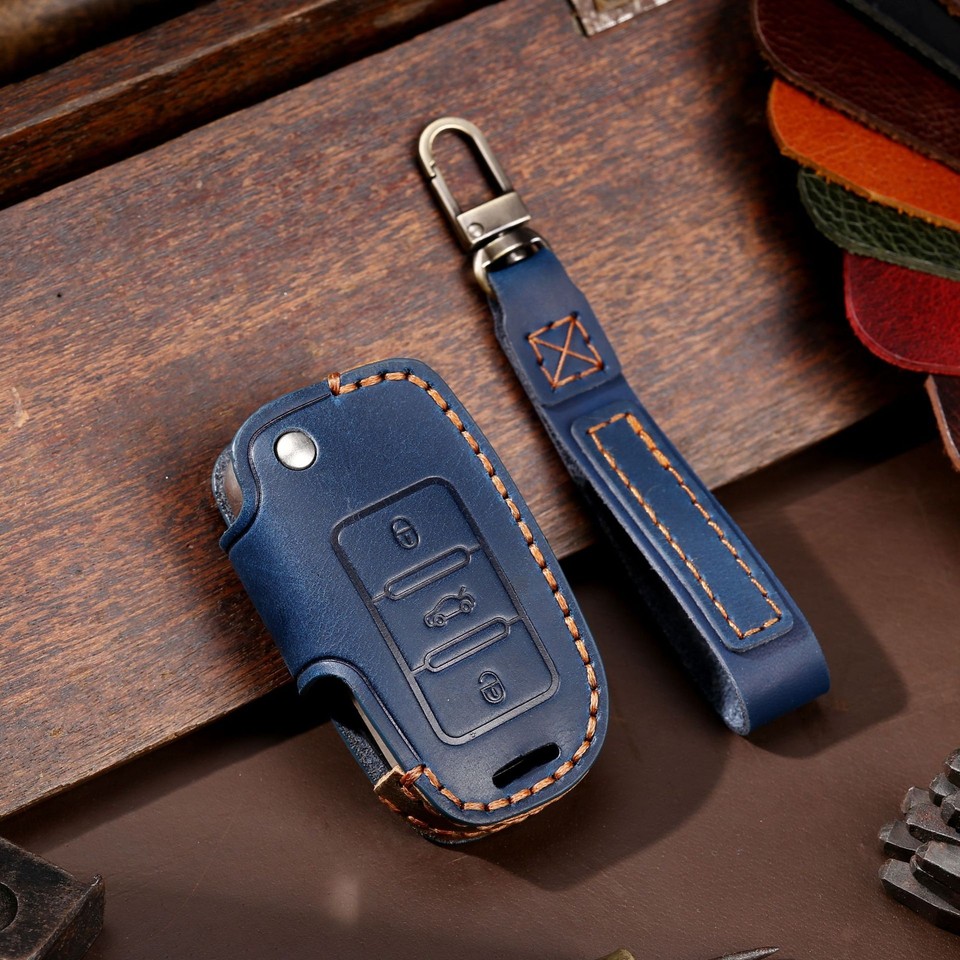 Leather Remote Key Fob Cover Case Holder Shell for Volkswagen Tiguan