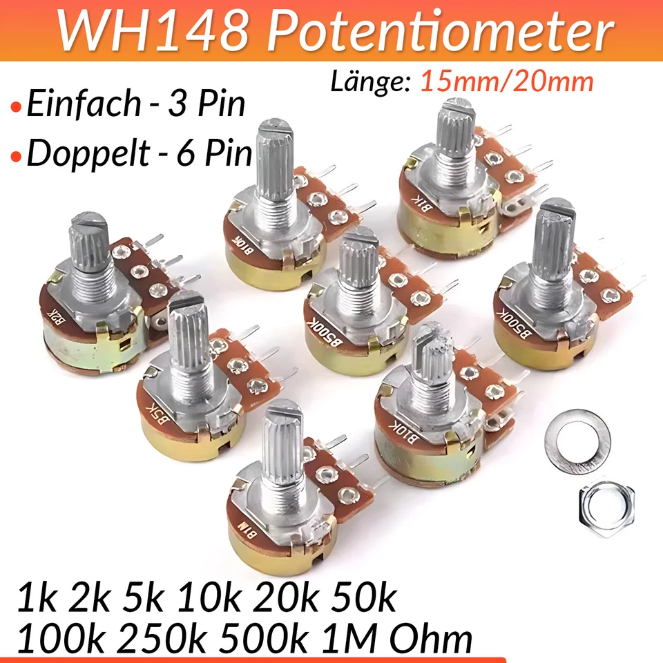 GOO BETTER Potentiometer Dreh Poti Linear 1K 2K 5K 10K 20K 50K 100K 250K 1M Ohm Mono Stereo