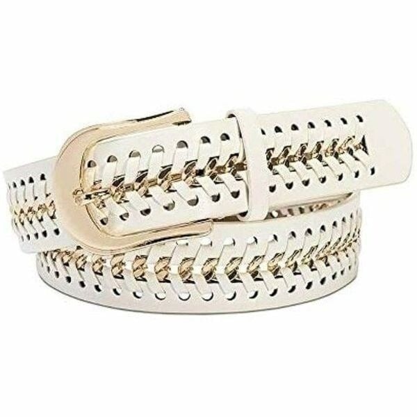 INC International Concepts Chain Link Faux Leather Belt, White/Gold, Sz. L