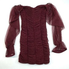 Revamped Dark Cherry Polka Dot Off Shoulder Bodicon Fashion Mini Dress Size XS