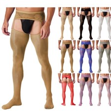 Men Sheer Floral Lace Cutout Pantyhose Glossy Crotchless Pants Garters Stockings