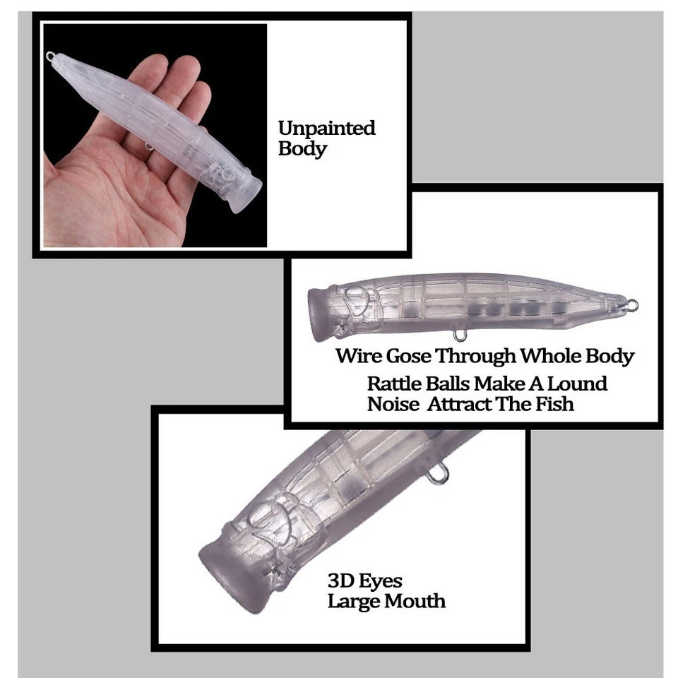 5PCS 15.5cm 52.5g Topwater Rattle Popper Unpainted Bait Blank Fishing Lure model - Image 4 of 4