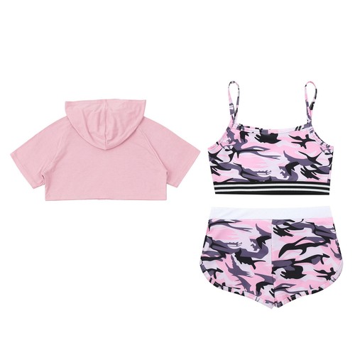 Girls 3 Piece Tracksuit Short Sleeve Hoodies Crop Tank Top Shorts Outfit Workout - Picture 11 of 25