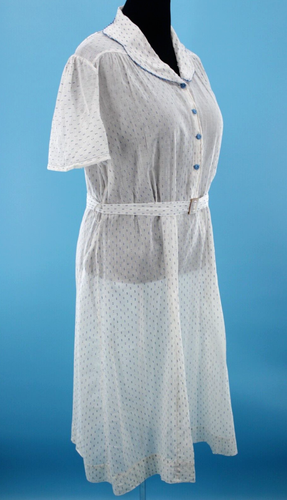 VTG Women's 20s White & Blue Sheer Cotton Shirtwaist Dress W/ Belt Sz L 1920s - Picture 2 of 23