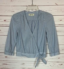 Madewell Women's XXS Extra Extra Small Blue White Striped Wrap 3/4 Sleeves Top
