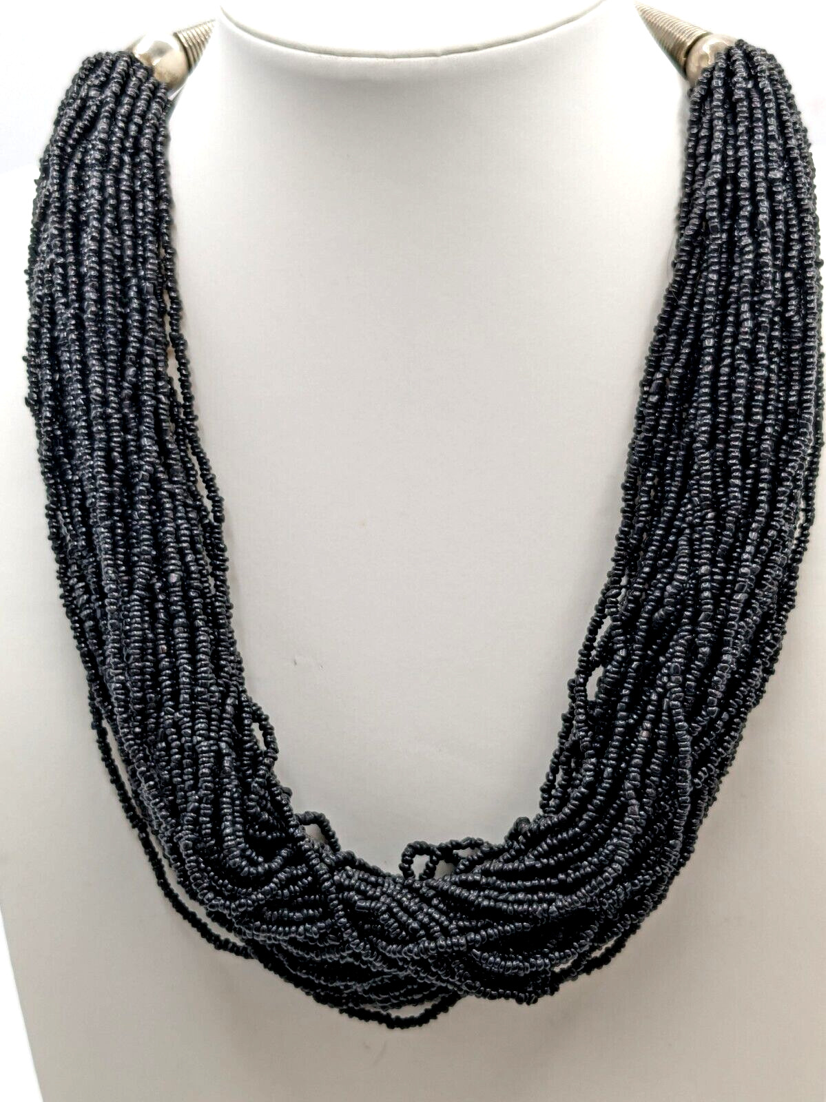 Black Multi Strand Seed Bead Statement Silver Ton… - image 3