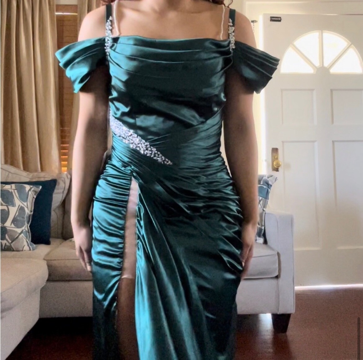 Long, off shoulder emerald green prom dress with tail, size 6, perfect  condition | eBay
