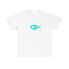 Joy Peace Love Fish T-Shirt Faith Christian Short Sleeve Round Neck Tee Blue