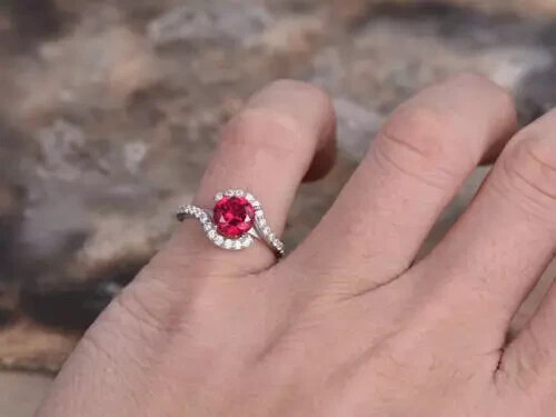 1.0Ct Round Cut Lab Grown Pink Ruby Diamond Wedding Ring 14k White Gold Plated - Picture 2 of 5