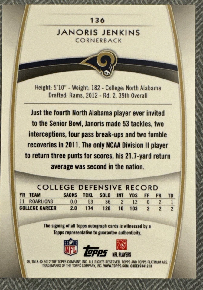 2012 Topps Platinum - Rookie Refractor Autographs #136 Janoris Jenkins (AU, RC) - Image 2 of 2