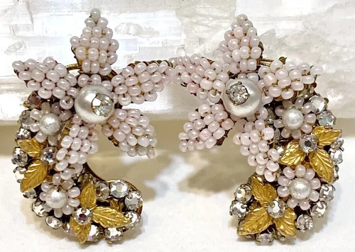 Miriam Haskell Vintage Gold Filigree/Pearl Tapestry Beading Clip Earrings Unsgnd