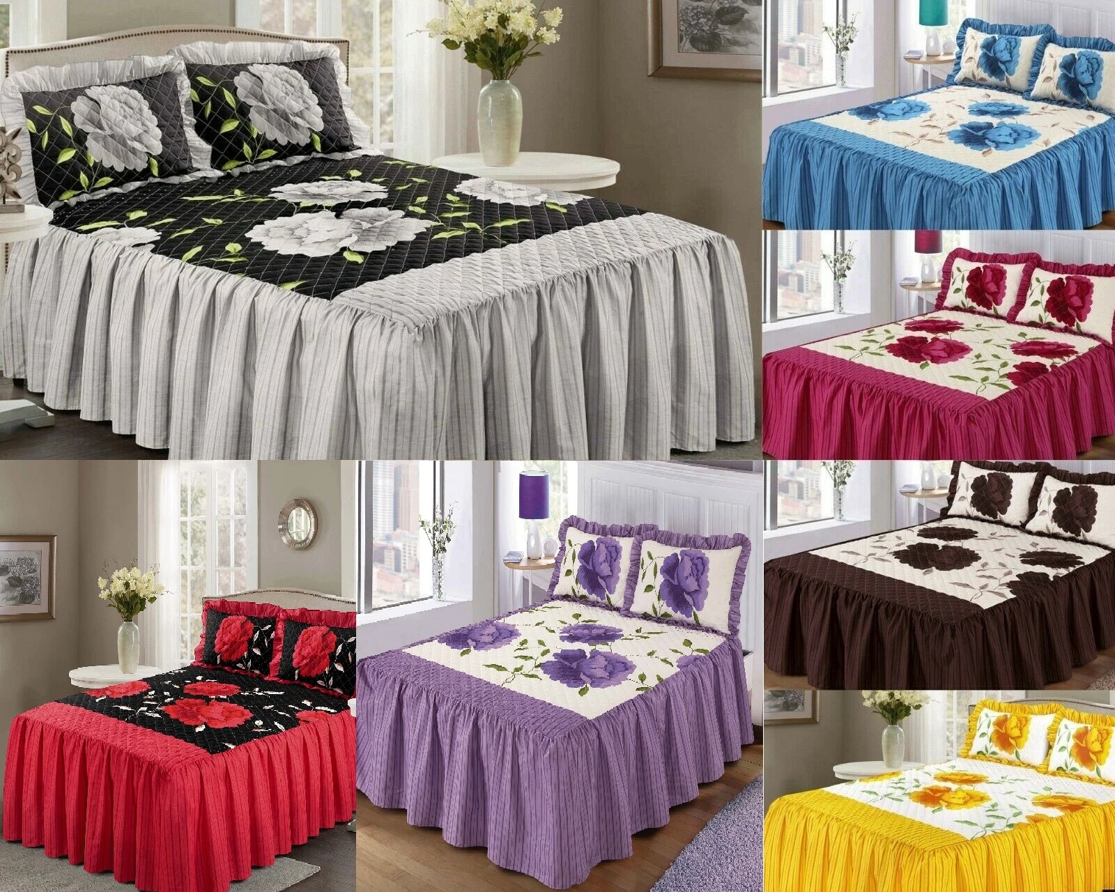Floral Bedspread Set with Pillow Shames Frill 23" deep. or Curtains ROSLEEN