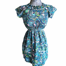 Lilly Pulitzer Girls Cotton Dress Size 14 Teal Navy Pink Fun Print with Hidden