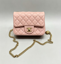 Chanel Classic Mini Square Flap Pink Caviar Leather Gold Ball Chain Auth euc