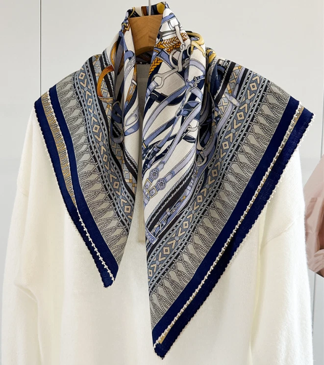 70% Cashmere 30% Silk Bandanna Scarf 26'' Neckerchief Shawl ribbon Print Wrap