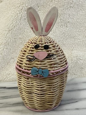 Easter Bunny Egg Shaped Basket Hand Painted Woven Wicker