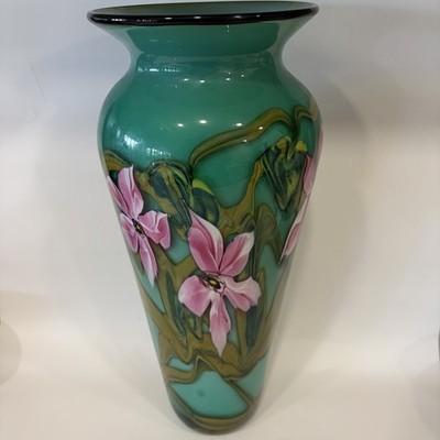 John Fields Cased Art Glass Bearded Iris Flowers Stunning 15'' Tall FREE SHIPPING