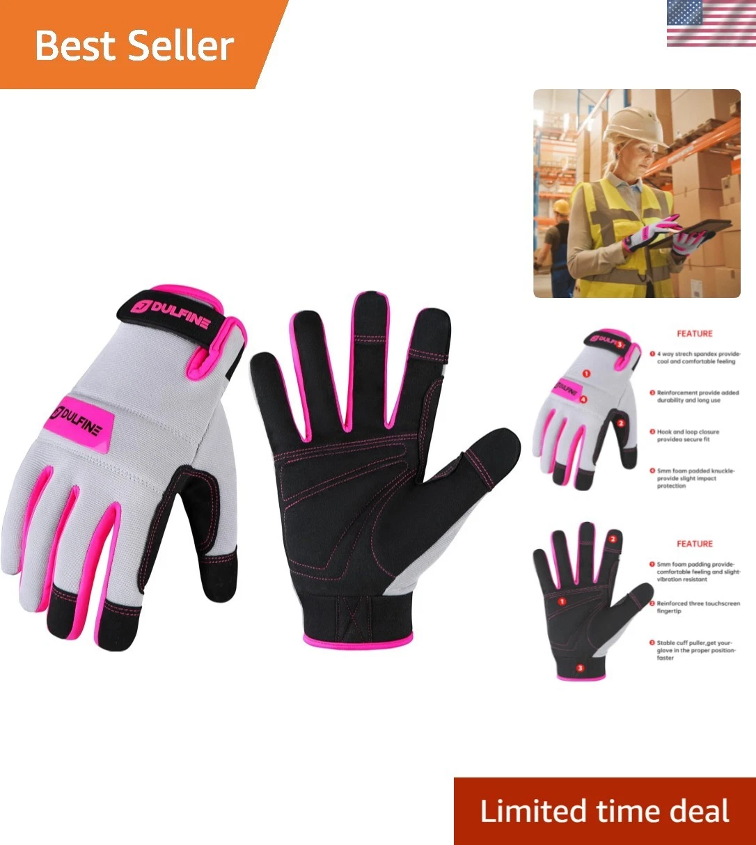 Work Gloves for Women,Flexible Breathable Fit-Padded Knuckles & Palm,Touch Sc...