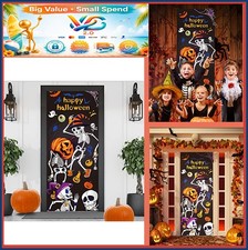 Halloween Door Cover Decor 6x2.5 FT Fabric Skeleton Pumpkin Bat Spider Porch