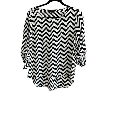 #ad Dora Landa Blouse 100% Silk Black White Zigzag Hi Lo Sleeve Tabs Size Small $27.88