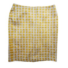 Talbots 8P Petite Lemon Yellow & White Grid Pencil Skirt Cotton Lined Back Vent