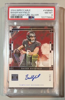 Baker Mayfield Auto Silver /49 PSA 8 2024 Panini Impeccable Vibes Signatures SP