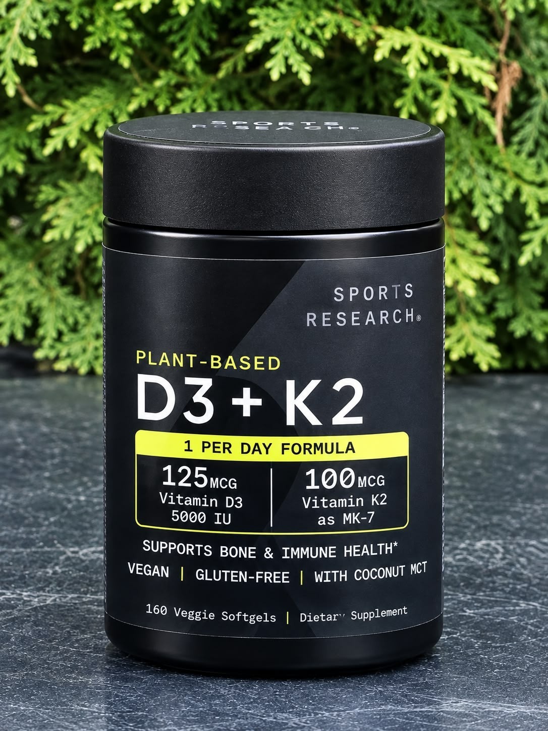 Sports Research Vitamin D3 + K2 5000 IU 100mcg MK-7 Plant Based 160 Softgels