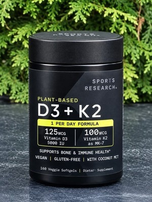 Sports Research Vitamin D3 + K2 5000 IU 100mcg MK-7 Plant Based 160 Softgels