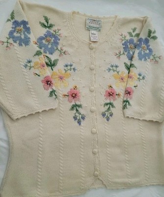 Susan Bristol VTG 90's Sz Lg Floral Hand Embroidered Short Slv Cardigan Sweater