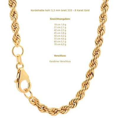 Edle Goldkette Kordelkette hohl Halskette 333-8 oder 585-14 Karat Gold