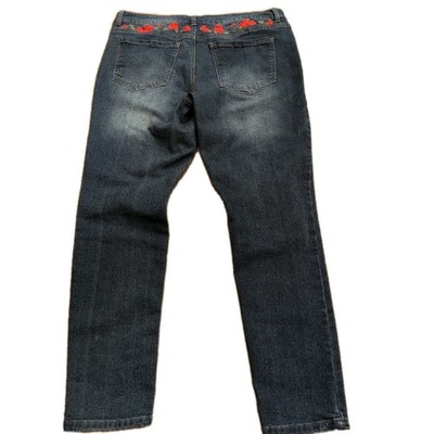 d. jeans Women's Blue Jeans Sz 16 Embroidered Red Roses On Back Stretch Skinny