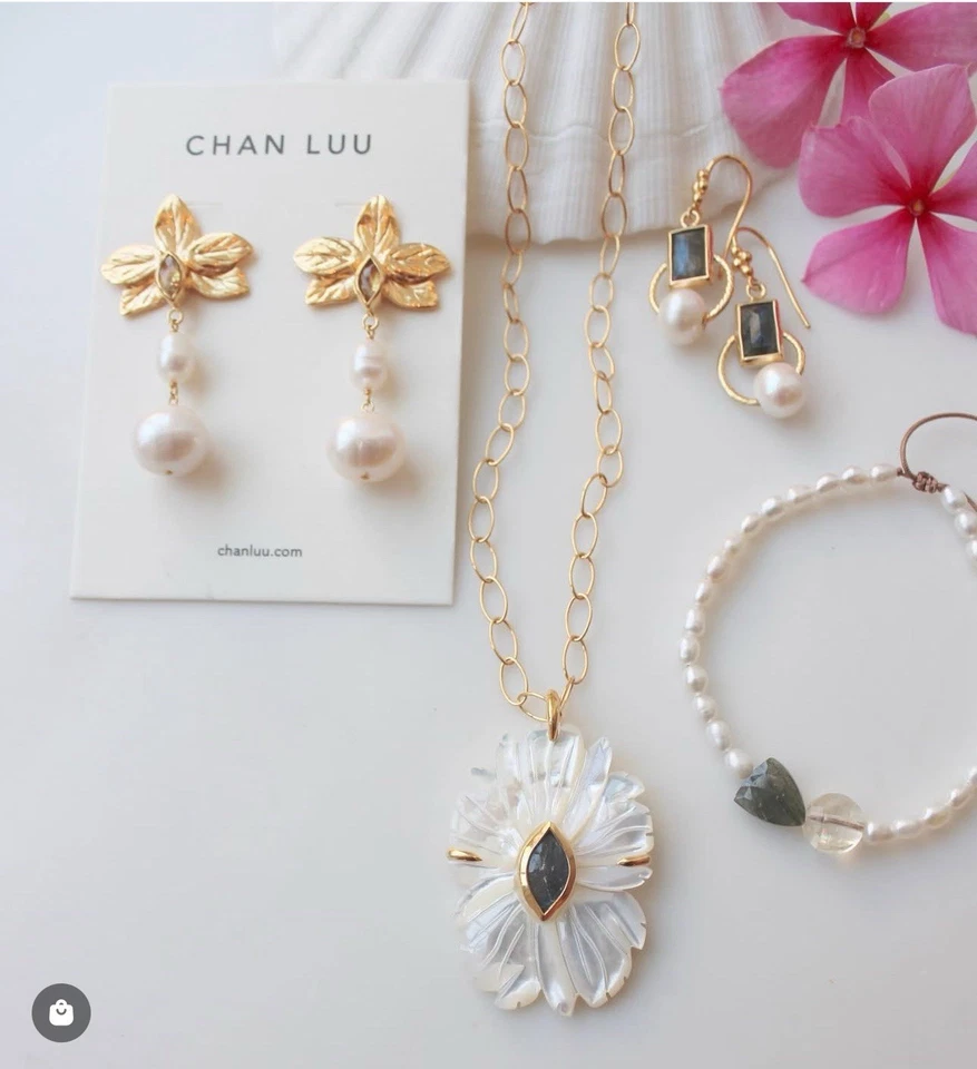 NUEVO CON ETIQUETAS $215 CHAN LUU 18K GP Silve Citrino Flor Perla Pendientes Colgantes ~ ¡HERMOSOS! 🌺 Foto 4 de 4