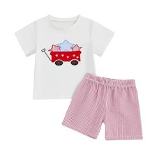 4th of July Baby Boy Outfit Flag Cart Embroidery Short Sleeve T 3-4T White