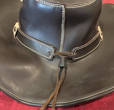 Black Western Cowboy Hat XL Faux Leather Wide Brim Chin Strap w/ Stitching