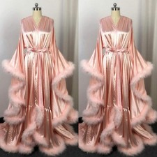 🎀Satin Long Robe for Women Fluffy Fur Trim Bridal Lingerie Nightgown Plus Size