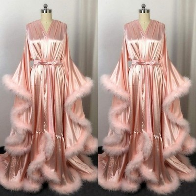  Satin Long Robe for Women Fluffy Fur Trim Bridal Lingerie Nightgown Plus Size