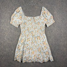 American Eagle Tiered Mini Dress Bodice Puff Sleeves Blue Peach Floral Large 705