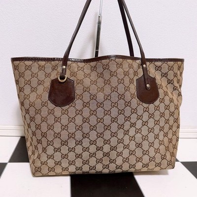 GUCCI GG Pattern Tote Hand Bag Leather Canvas Brown Beige Gold Hardware Japan