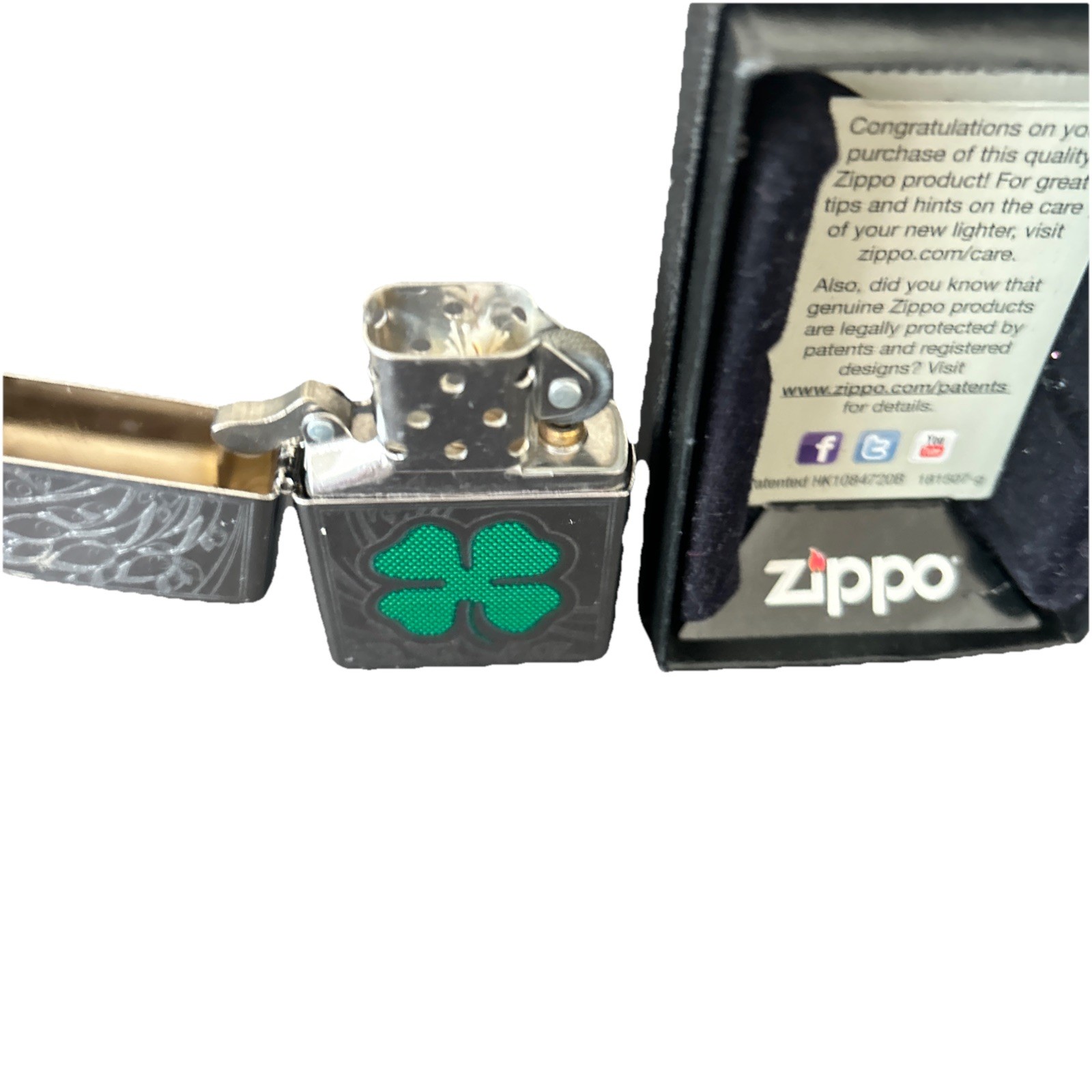 Zippo Windproof 4 Leaf Clover Lighter, Green Shamrock, 24699