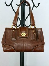 COACH Hamptons Mahogany Brown Leather Embossed Signature Turnlock Satchel Bag