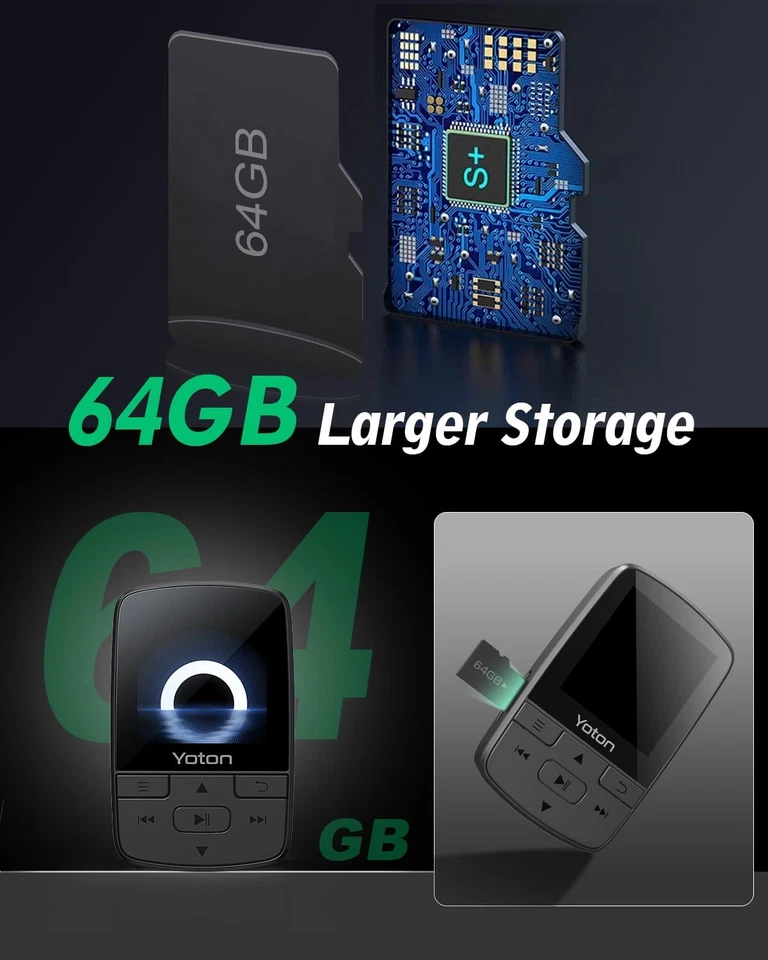 Lettore MP3 Bluetooth 5.2 64GB con Clip Sportiva, Radio FM e Auricolari Inclusi - Immagine 3 di 4