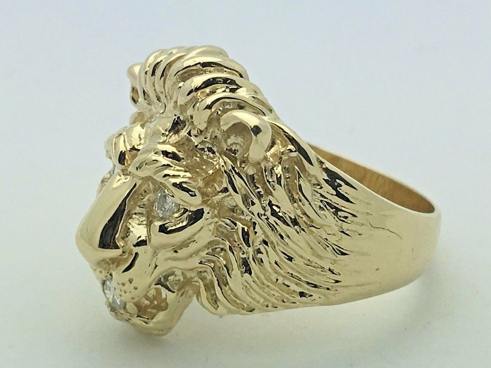 14K Yellow Gold Lion Head Ring With Diamond Eyes & Mouth - Sizes 5-13 Available